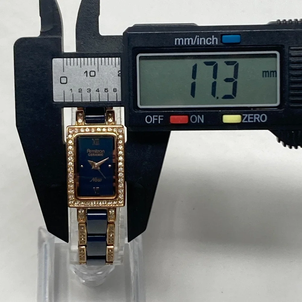Armitron Tank Watch Women 17mm Rose Gold Tone Navy Ceramic Bling New Batt 6.75